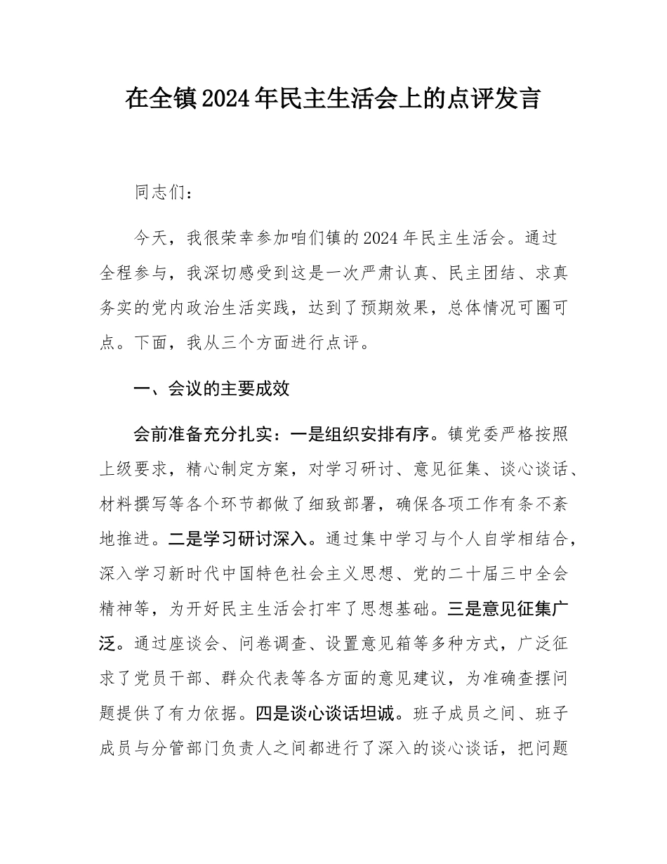 在全镇2024年民主SH会上的点评发言.docx_第1页