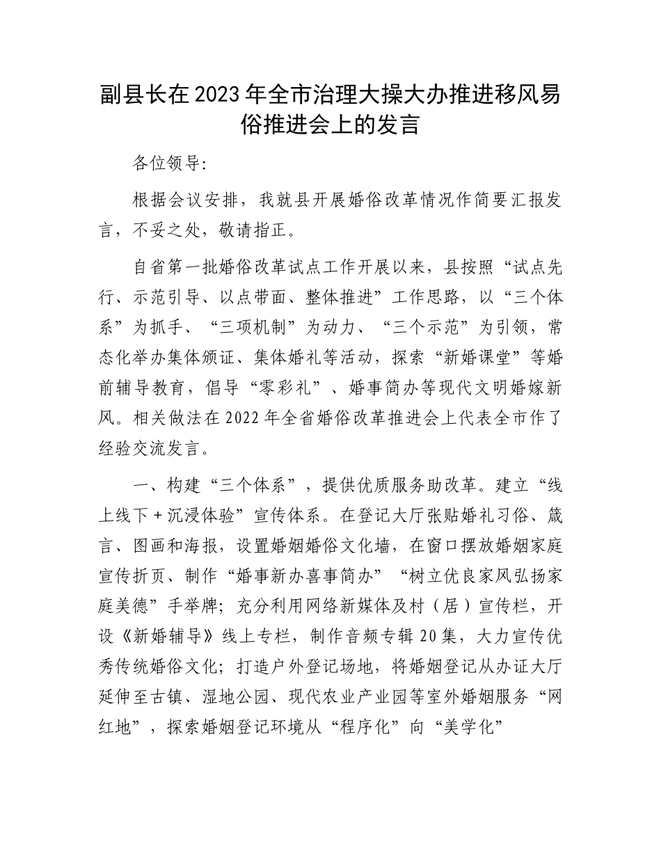 副县长在2023年全市治理大操大办推进移风易俗推进会上的发言.docx_第1页